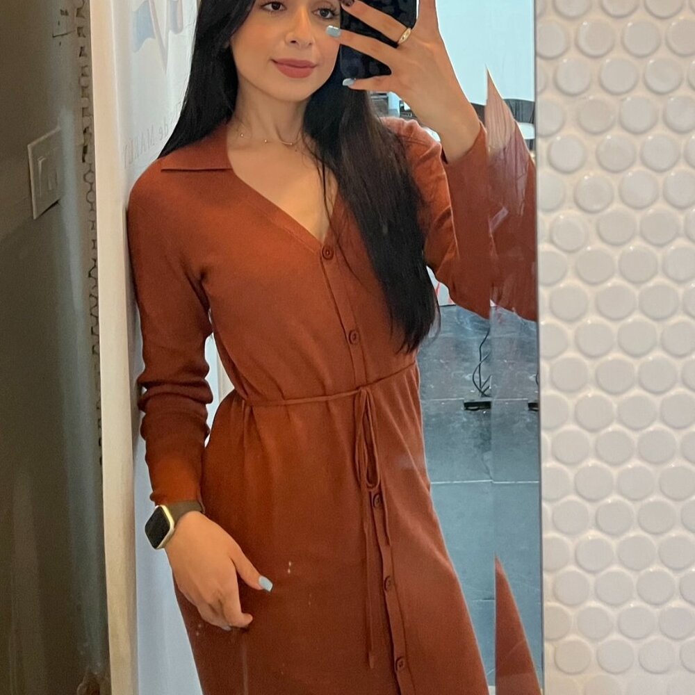 Asos Design Elegant Brown Button-Up Dress Ribbed color Terracotta Brown size 2
